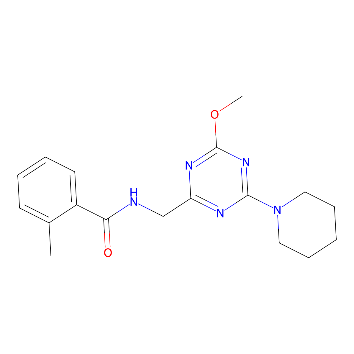 N-((4-methoxy-6-(piperidin-1-yl)-1,3,5-triazin-2-yl)methyl)-2-methylbenzamide molecular structure, CAS 2034577-86-9