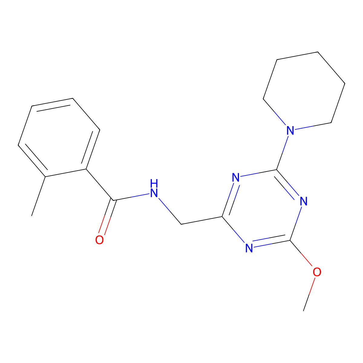 N-((4-methoxy-6-(piperidin-1-yl)-1,3,5-triazin-2-yl)methyl)-2-methylbenzamide molecular structure, CAS 2034577-86-9