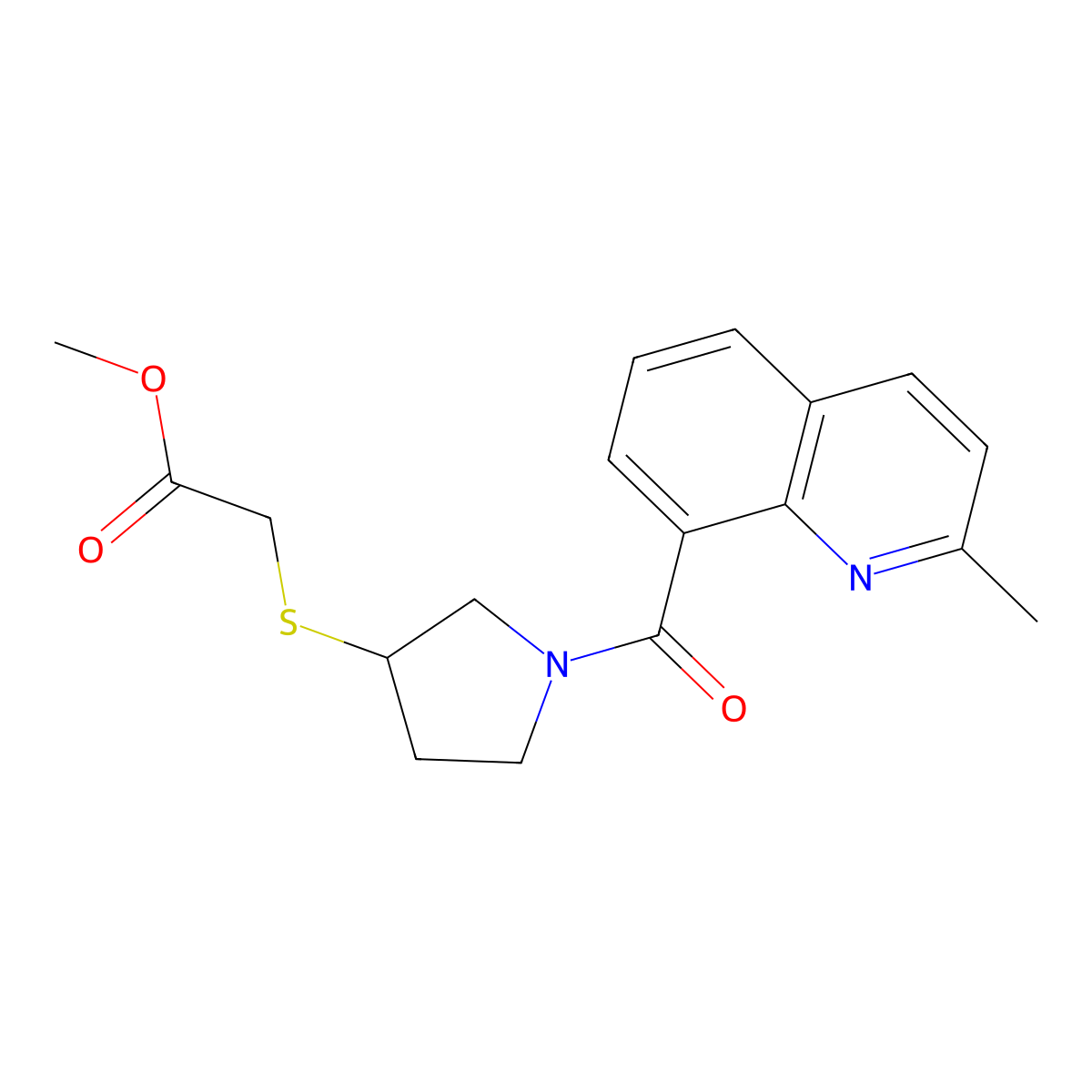 Methyl 2-((1-(2-methylquinoline-8-carbonyl)pyrrolidin-3-yl)thio)acetate molecular structure, CAS 2034577-91-6