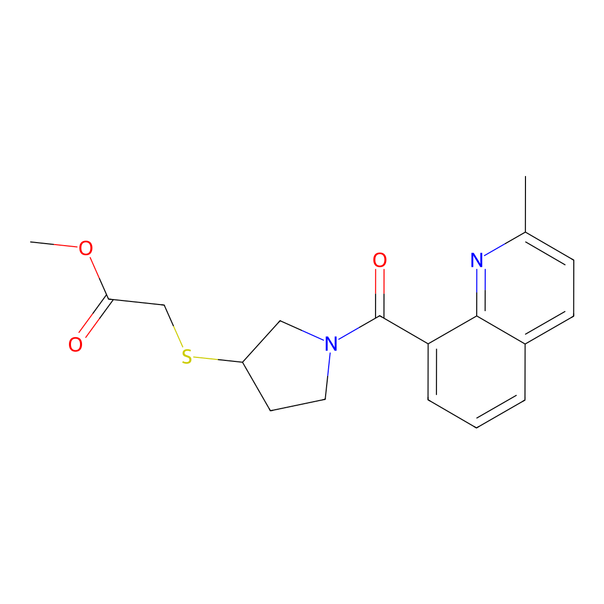Methyl 2-((1-(2-methylquinoline-8-carbonyl)pyrrolidin-3-yl)thio)acetate molecular structure, CAS 2034577-91-6