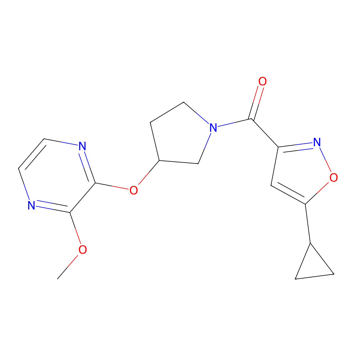 (5-Cyclopropylisoxazol-3-yl)(3-((3-methoxypyrazin-2-yl)oxy)pyrrolidin-1-yl)methanone molecular structure, CAS 2034577-96-1
