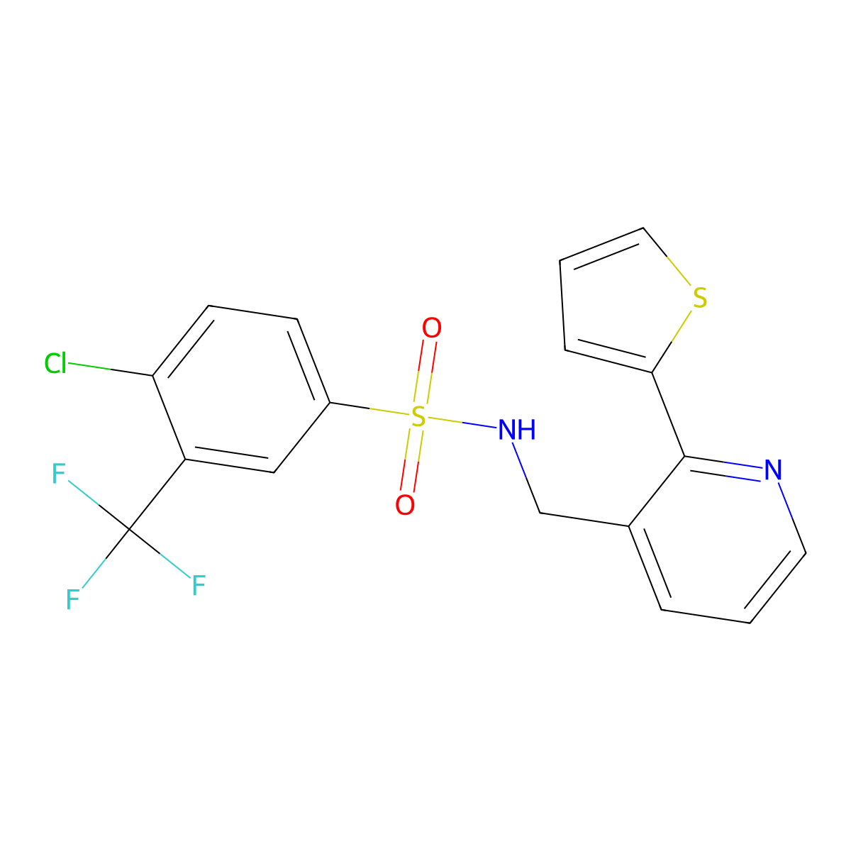 4-chloro-N-((2-(thiophen-2-yl)pyridin-3-yl)methyl)-3-(trifluoromethyl)benzenesulfonamide molecular structure, CAS 2034577-97-2
