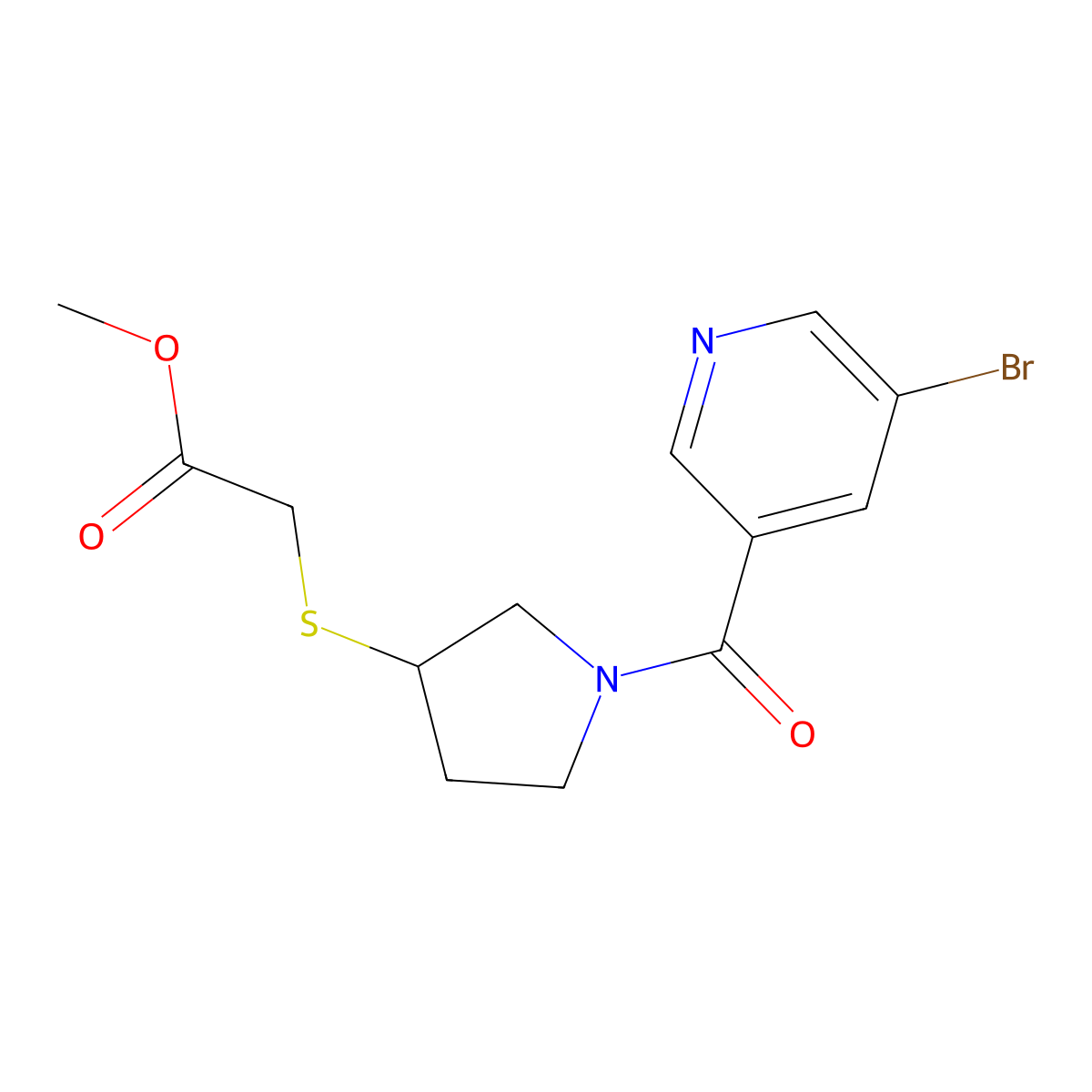 Methyl 2-((1-(5-bromonicotinoyl)pyrrolidin-3-yl)thio)acetate molecular structure, CAS 2034577-98-3