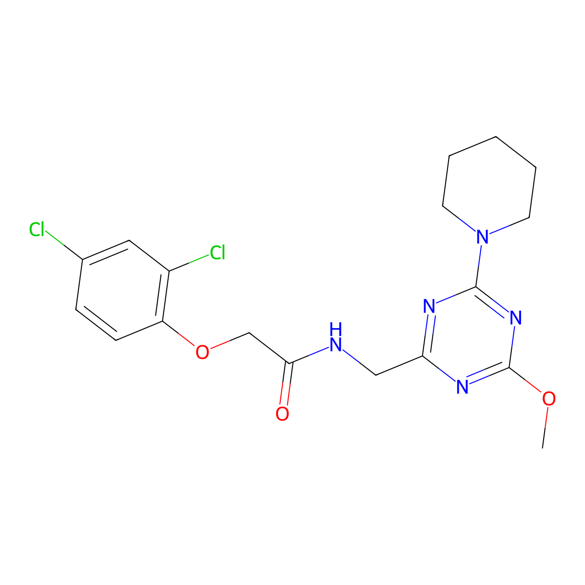 2-(2,4-dichlorophenoxy)-N-((4-methoxy-6-(piperidin-1-yl)-1,3,5-triazin-2-yl)methyl)acetamide molecular structure, CAS 2034578-00-0