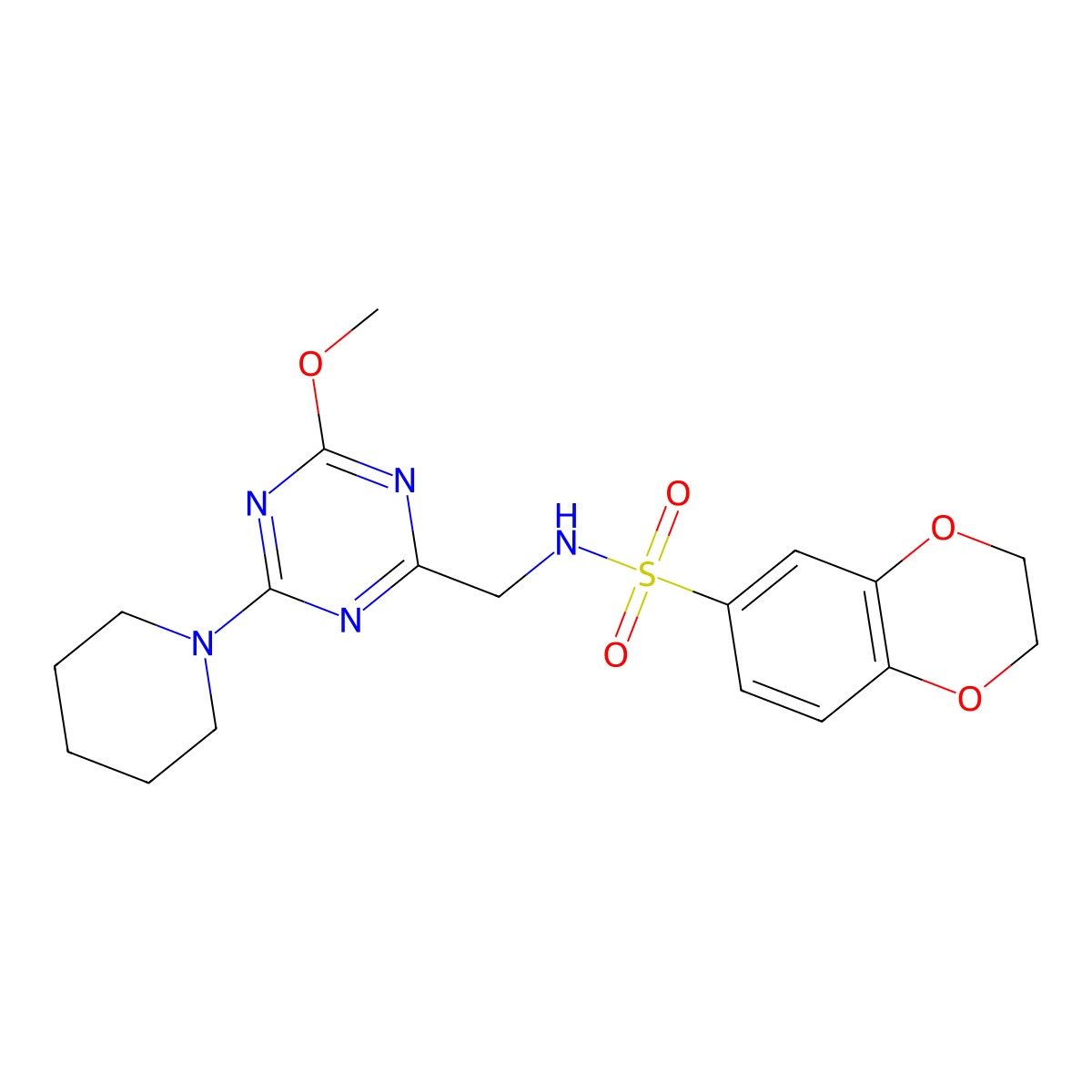 N-((4-methoxy-6-(piperidin-1-yl)-1,3,5-triazin-2-yl)methyl)-2,3-dihydrobenzo[b][1,4]dioxine-6-sulfonamide molecular structure, CAS 2034578-08-8