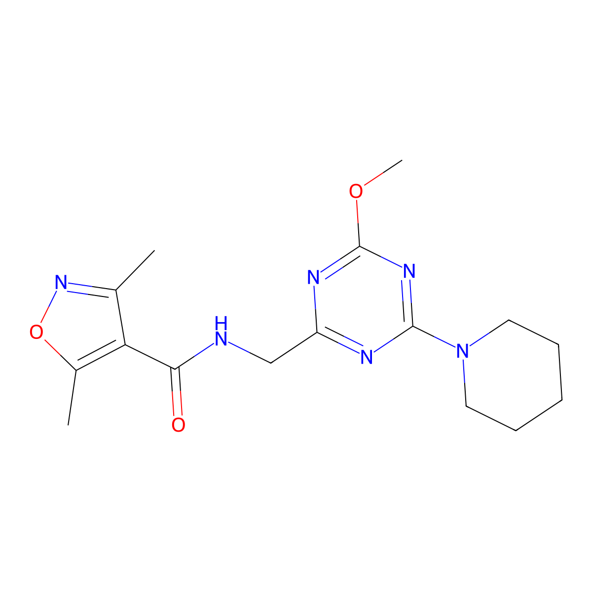 N-((4-methoxy-6-(piperidin-1-yl)-1,3,5-triazin-2-yl)methyl)-3,5-dimethylisoxazole-4-carboxamide molecular structure, CAS 2034578-21-5