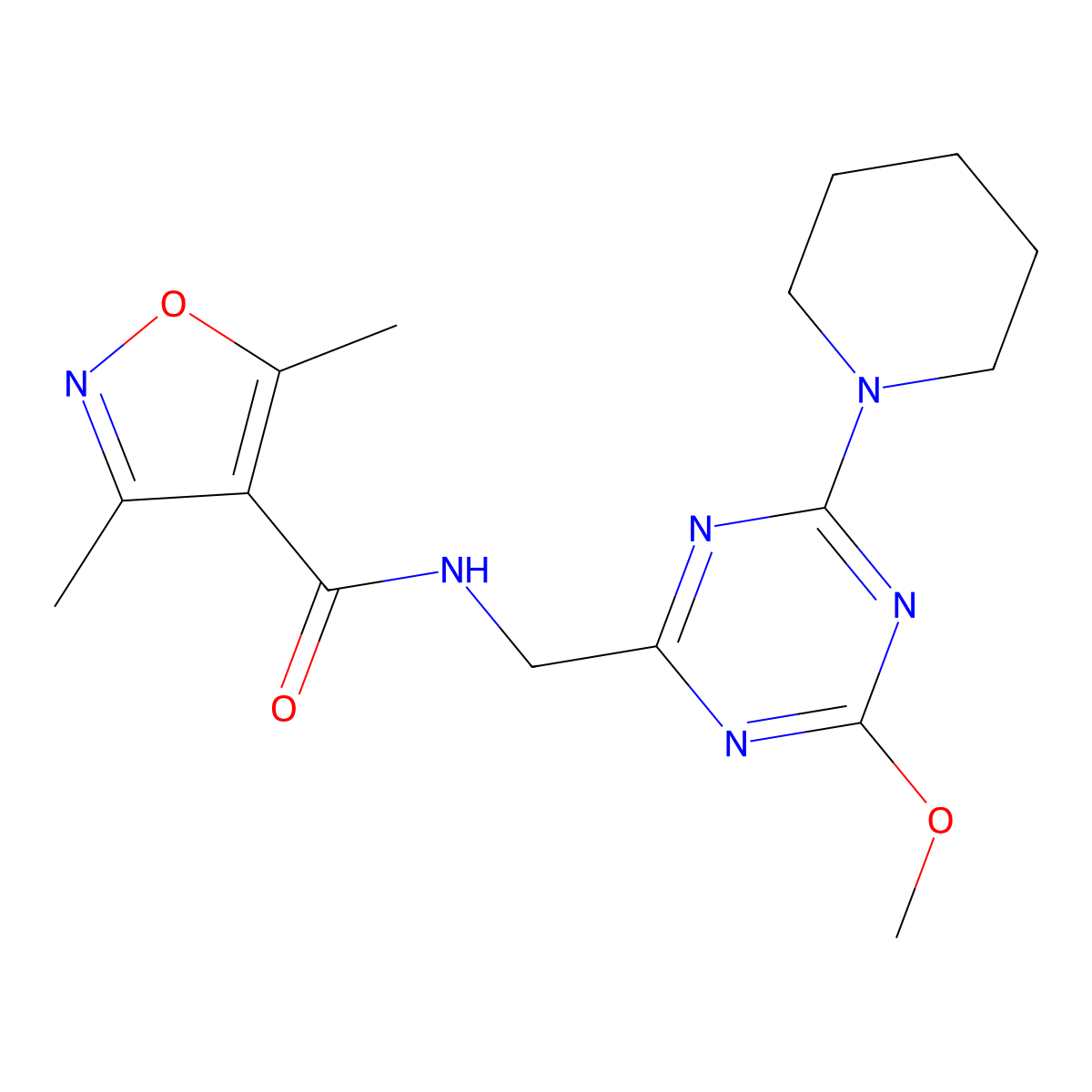 N-((4-methoxy-6-(piperidin-1-yl)-1,3,5-triazin-2-yl)methyl)-3,5-dimethylisoxazole-4-carboxamide molecular structure, CAS 2034578-21-5