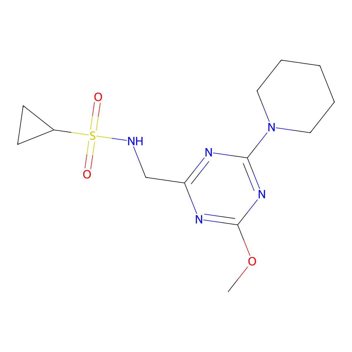 N-{[4-methoxy-6-(piperidin-1-yl)-1,3,5-triazin-2-yl]methyl}cyclopropanesulfonamide molecular structure, CAS 2034578-27-1