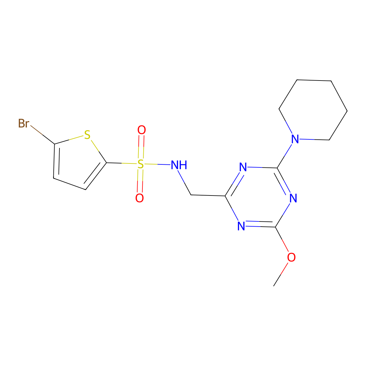 5-bromo-N-((4-methoxy-6-(piperidin-1-yl)-1,3,5-triazin-2-yl)methyl)thiophene-2-sulfonamide molecular structure, CAS 2034578-33-9