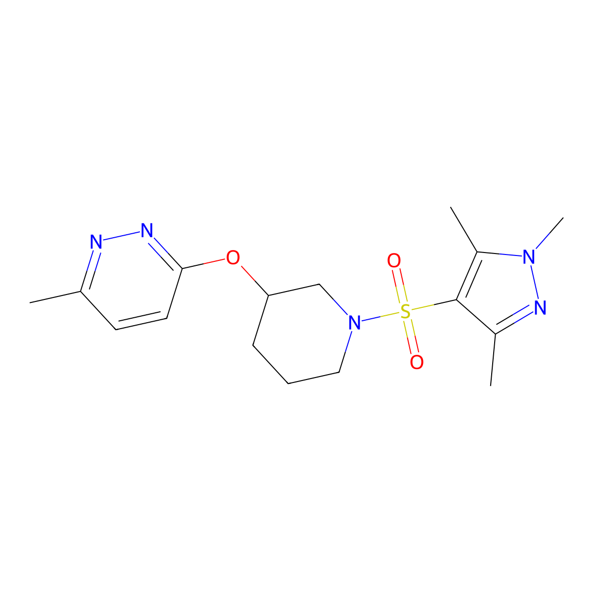 3-methyl-6-({1-[(1,3,5-trimethyl-1H-pyrazol-4-yl)sulfonyl]piperidin-3-yl}oxy)pyridazine molecular structure, CAS 2034578-45-3