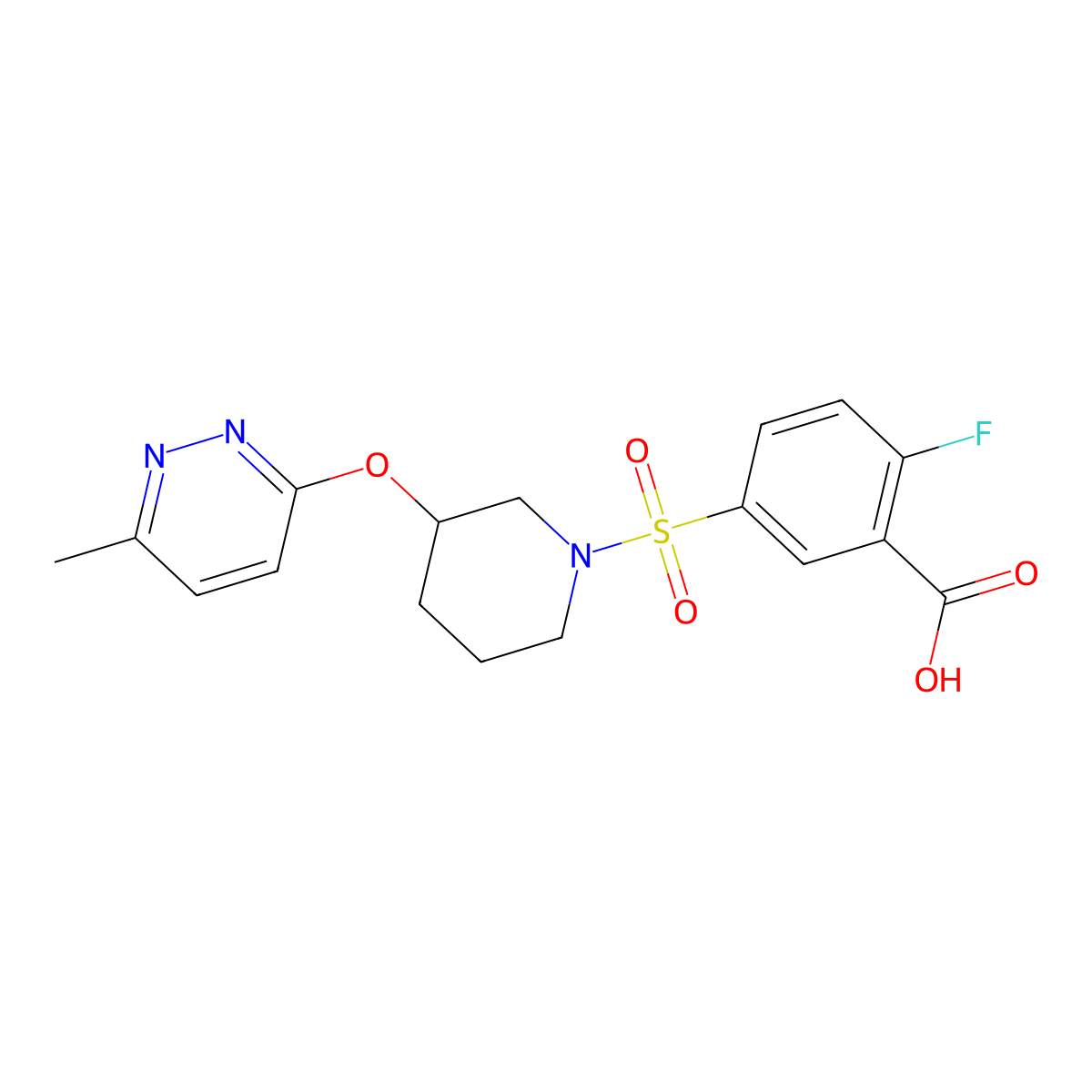 2-Fluoro-5-((3-((6-methylpyridazin-3-yl)oxy)piperidin-1-yl)sulfonyl)benzoic acid molecular structure, CAS 2034578-52-2