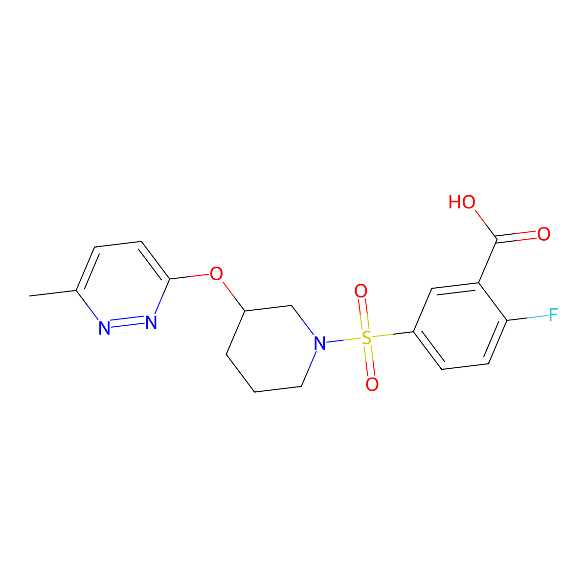 2-Fluoro-5-((3-((6-methylpyridazin-3-yl)oxy)piperidin-1-yl)sulfonyl)benzoic acid molecular structure, CAS 2034578-52-2