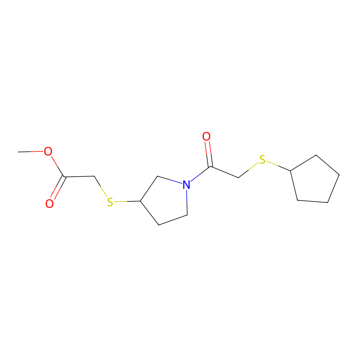 Methyl 2-((1-(2-(cyclopentylthio)acetyl)pyrrolidin-3-yl)thio)acetate molecular structure, CAS 2034578-59-9