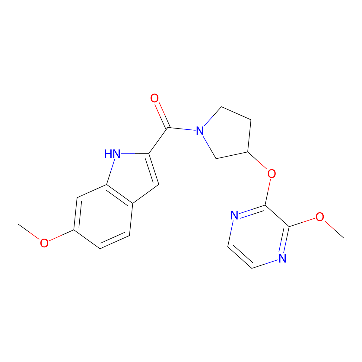 (6-methoxy-1H-indol-2-yl)(3-((3-methoxypyrazin-2-yl)oxy)pyrrolidin-1-yl)methanone molecular structure, CAS 2034578-60-2