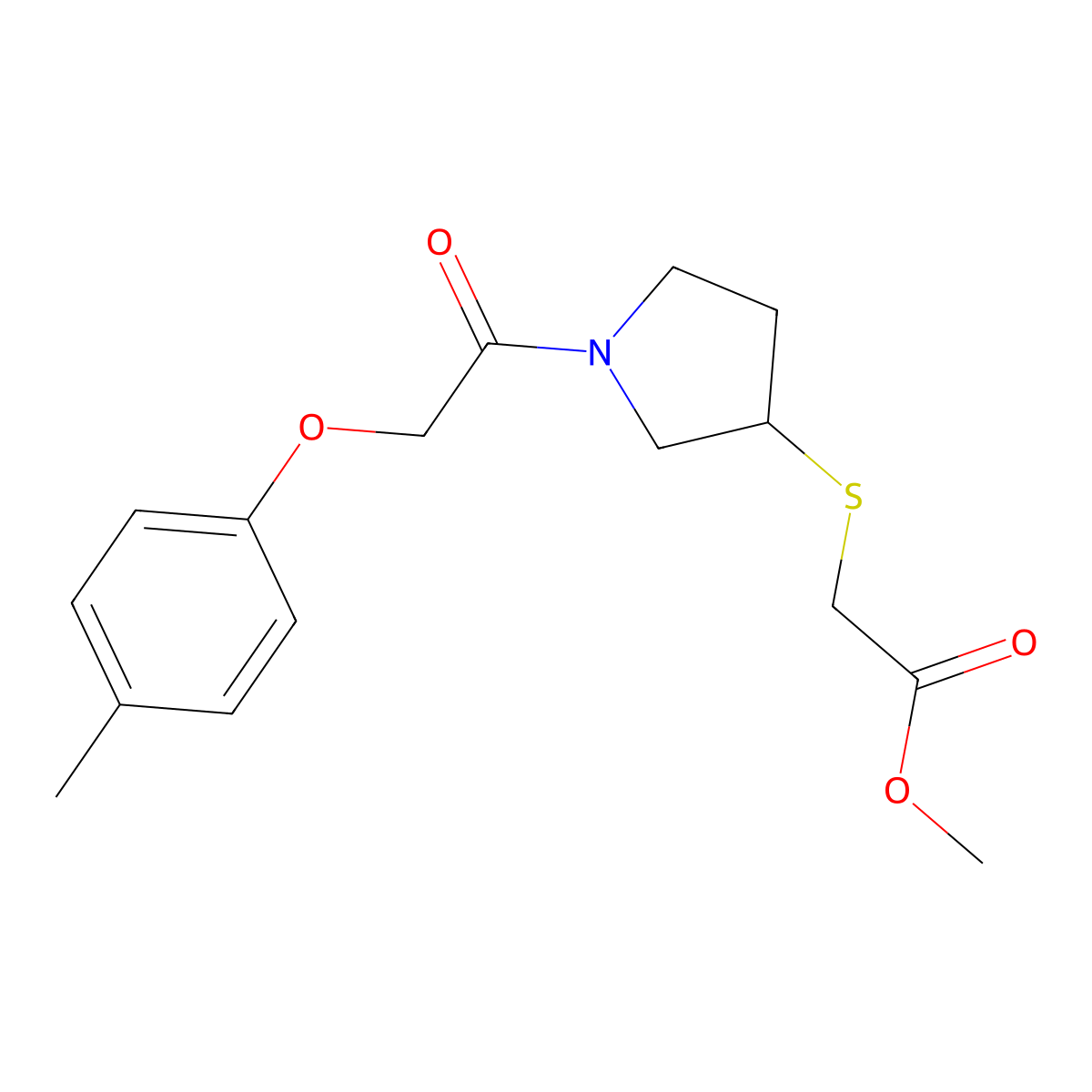 Methyl 2-((1-(2-(p-tolyloxy)acetyl)pyrrolidin-3-yl)thio)acetate molecular structure, CAS 2034578-65-7