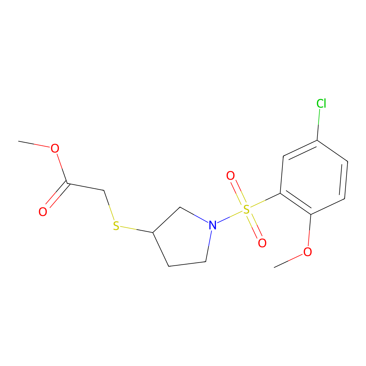 Methyl 2-((1-((5-chloro-2-methoxyphenyl)sulfonyl)pyrrolidin-3-yl)thio)acetate molecular structure, CAS 2034578-72-6