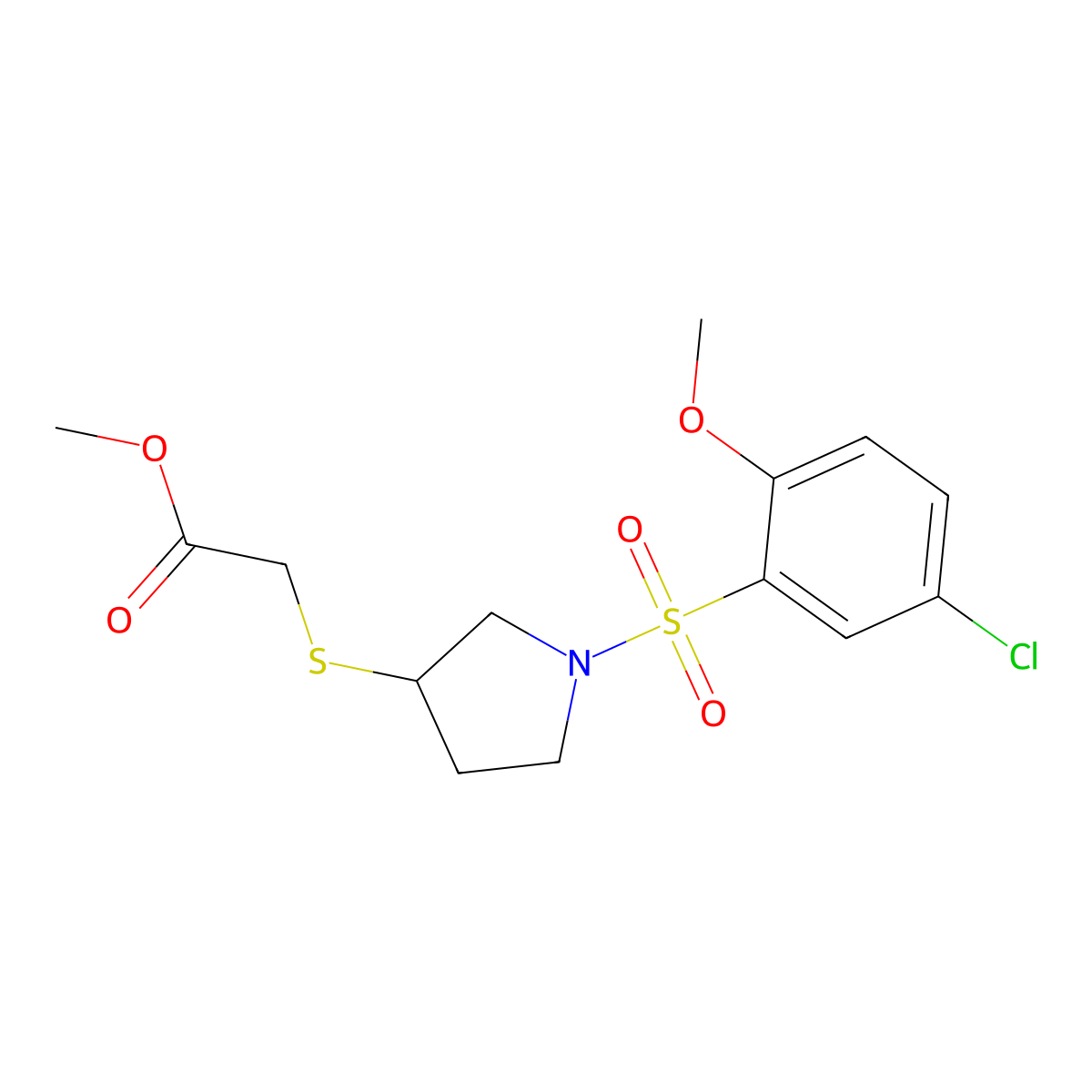 Methyl 2-((1-((5-chloro-2-methoxyphenyl)sulfonyl)pyrrolidin-3-yl)thio)acetate molecular structure, CAS 2034578-72-6