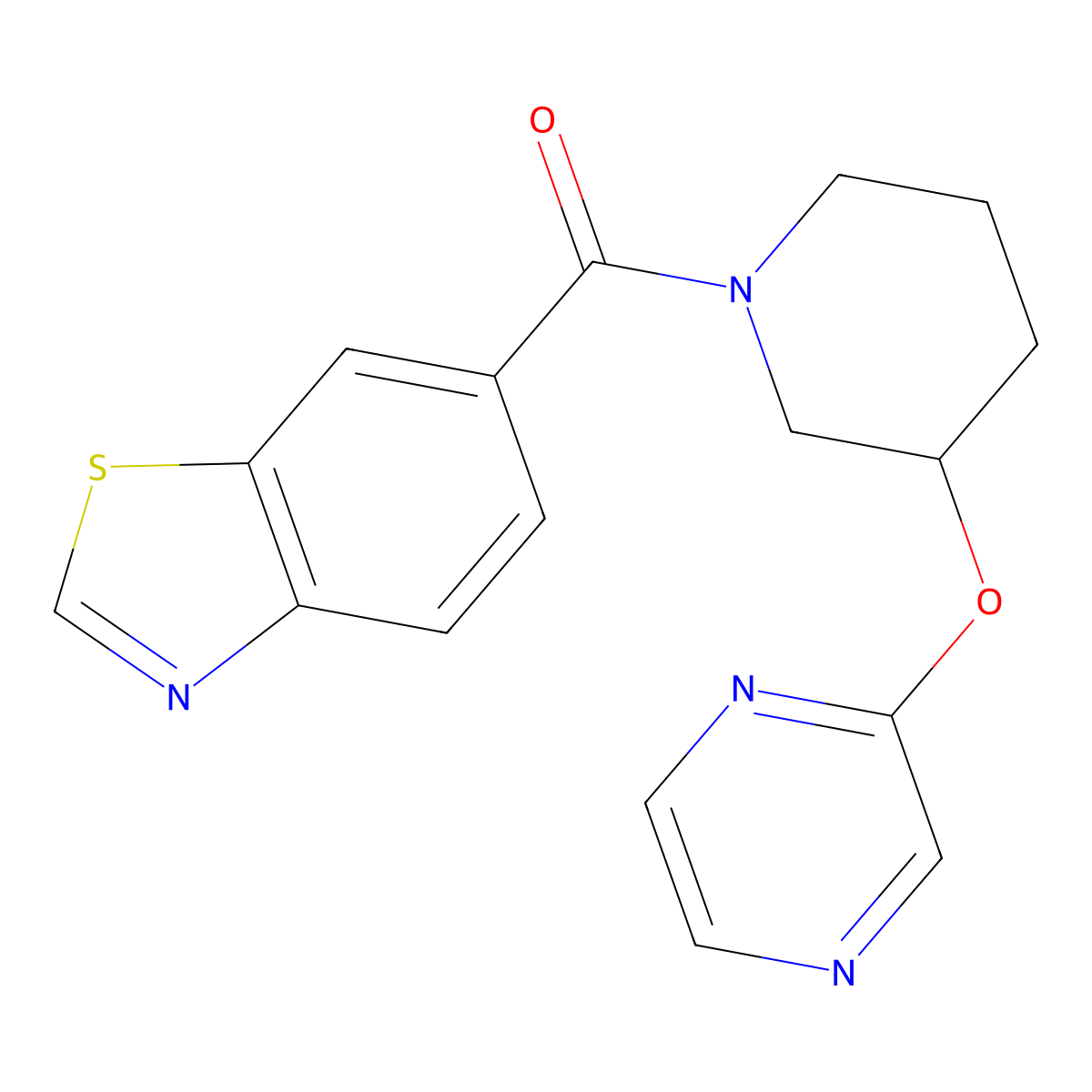 Benzo[d]thiazol-6-yl(3-(pyrazin-2-yloxy)piperidin-1-yl)methanone molecular structure, CAS 2034578-73-7