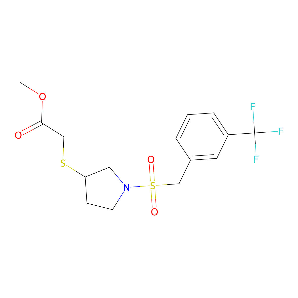Methyl 2-((1-((3-(trifluoromethyl)benzyl)sulfonyl)pyrrolidin-3-yl)thio)acetate molecular structure, CAS 2034578-80-6