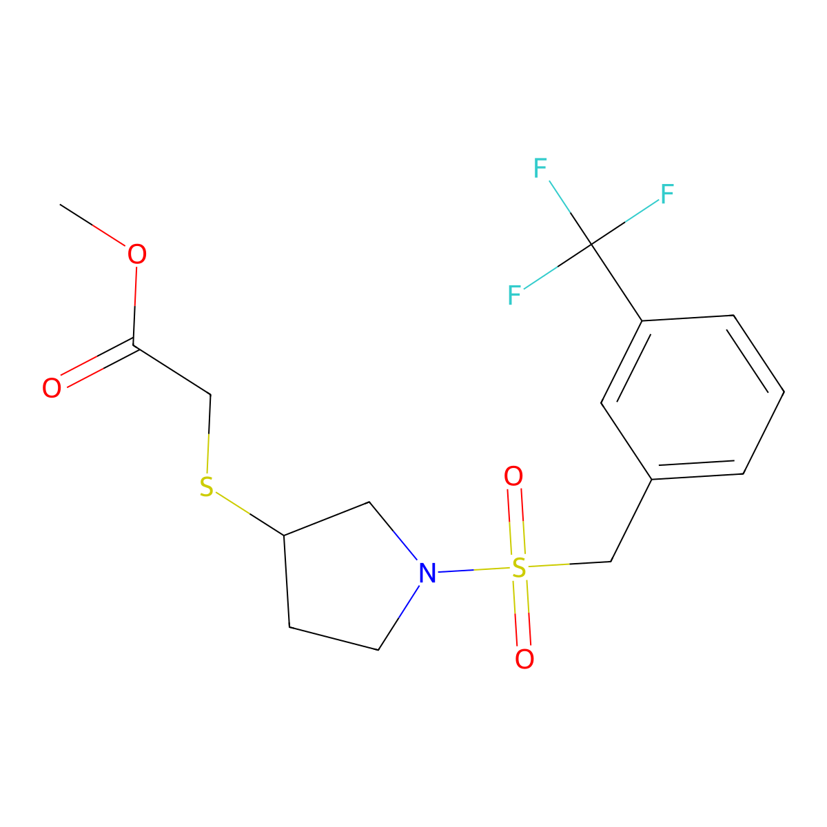 Methyl 2-((1-((3-(trifluoromethyl)benzyl)sulfonyl)pyrrolidin-3-yl)thio)acetate molecular structure, CAS 2034578-80-6