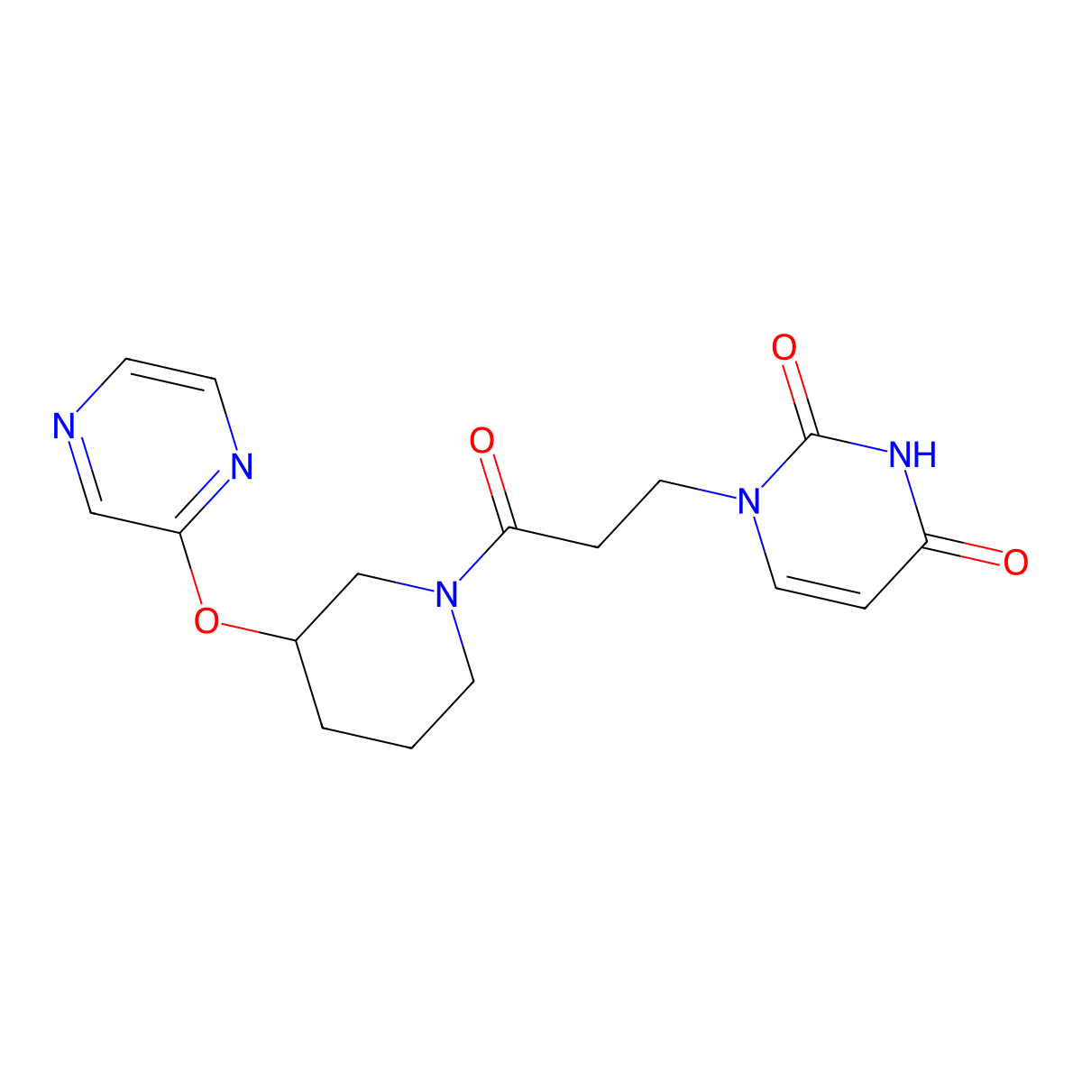 1-(3-oxo-3-(3-(pyrazin-2-yloxy)piperidin-1-yl)propyl)pyrimidine-2,4(1H,3H)-dione molecular structure, CAS 2034578-86-2