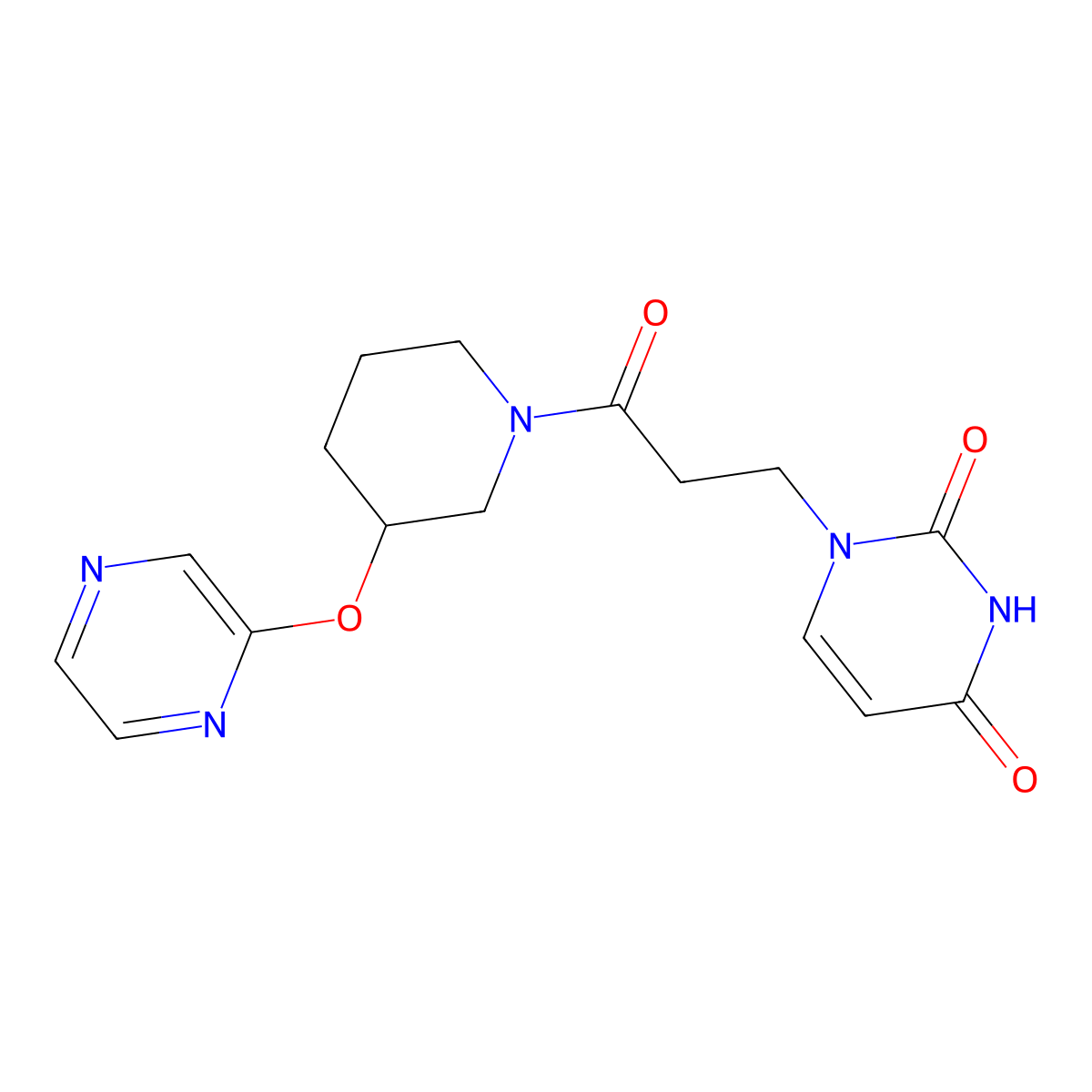 1-(3-oxo-3-(3-(pyrazin-2-yloxy)piperidin-1-yl)propyl)pyrimidine-2,4(1H,3H)-dione molecular structure, CAS 2034578-86-2