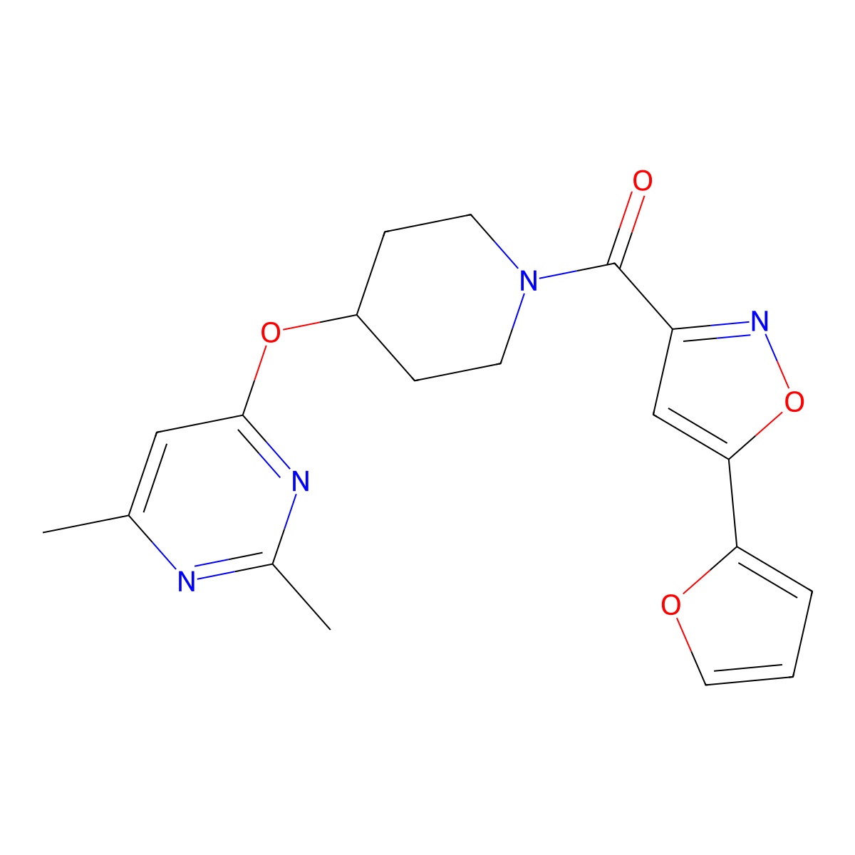 (4-((2,6-Dimethylpyrimidin-4-yl)oxy)piperidin-1-yl)(5-(furan-2-yl)isoxazol-3-yl)methanone molecular structure, CAS 2034578-87-3