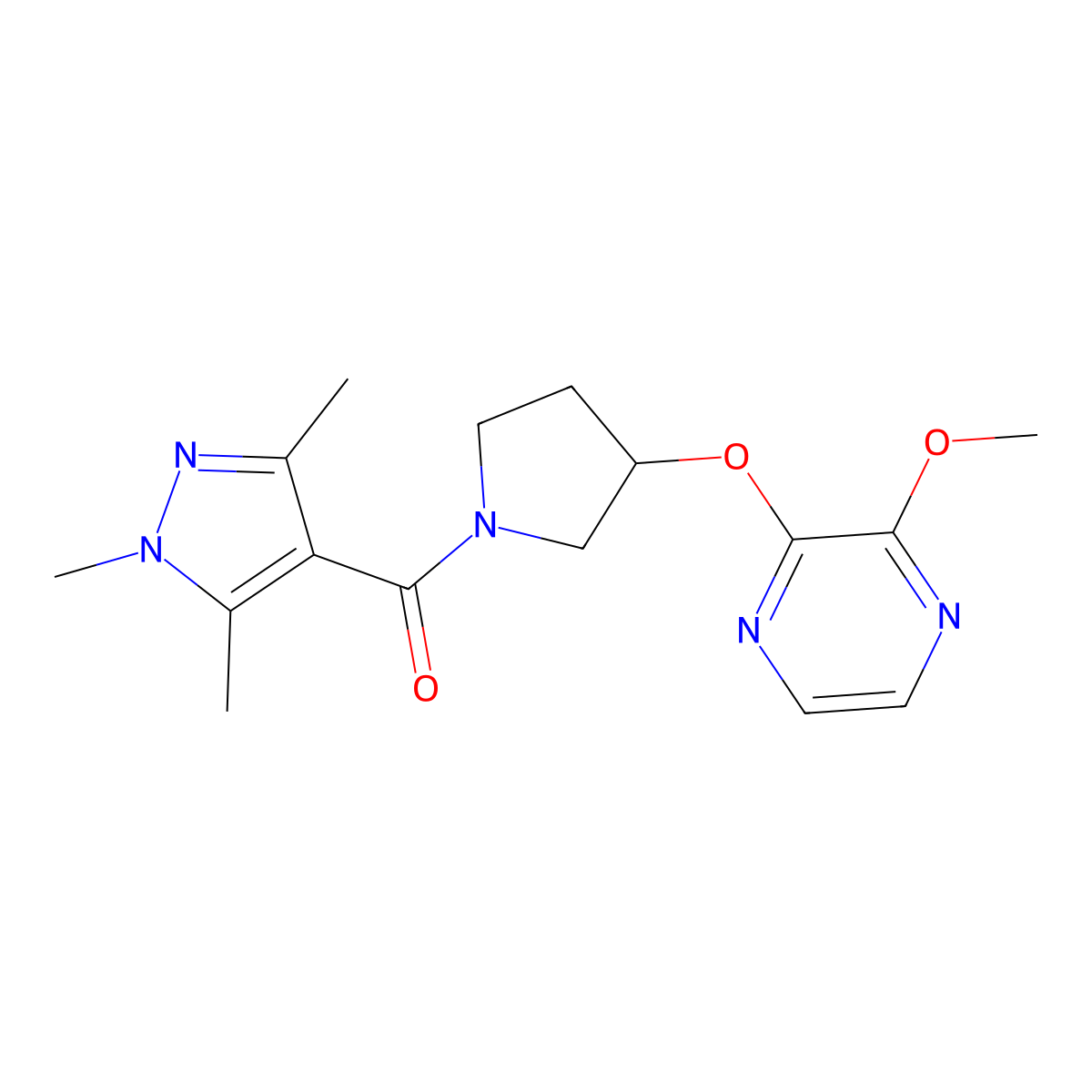 (3-((3-methoxypyrazin-2-yl)oxy)pyrrolidin-1-yl)(1,3,5-trimethyl-1H-pyrazol-4-yl)methanone molecular structure, CAS 2034578-96-4