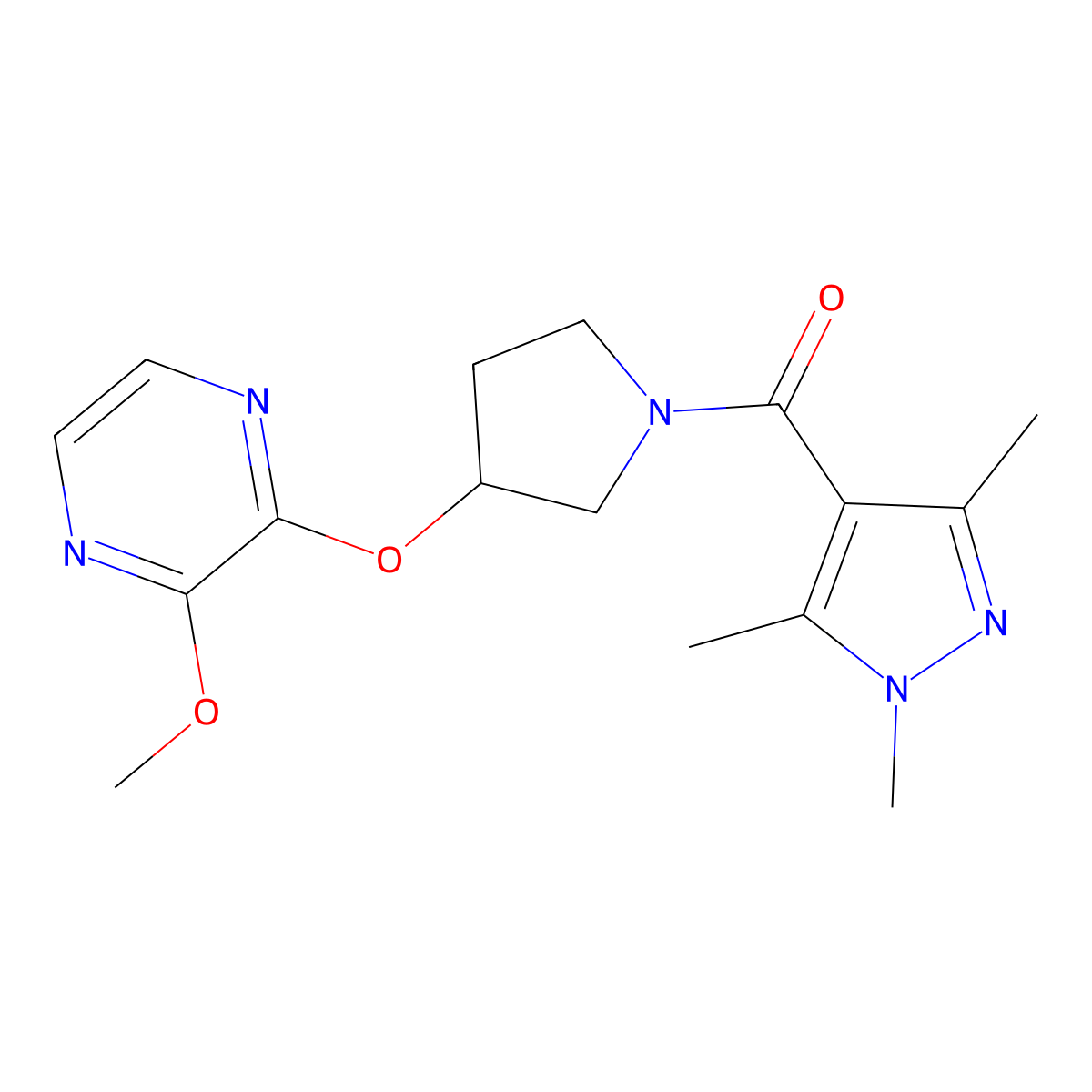 (3-((3-methoxypyrazin-2-yl)oxy)pyrrolidin-1-yl)(1,3,5-trimethyl-1H-pyrazol-4-yl)methanone molecular structure, CAS 2034578-96-4