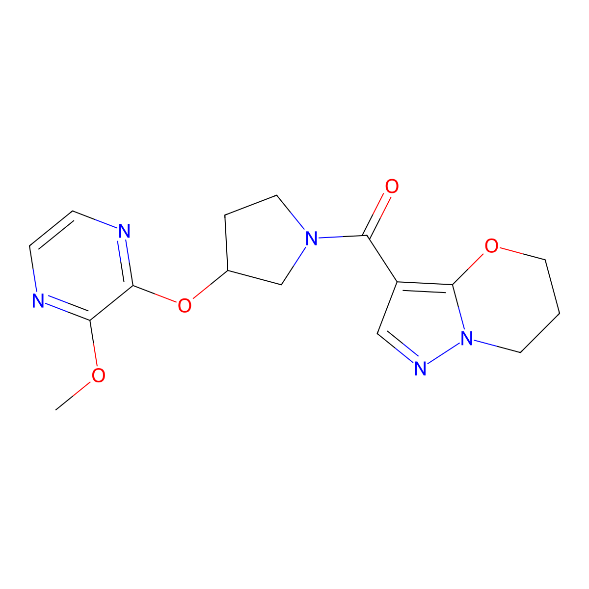 (6,7-dihydro-5H-pyrazolo[5,1-b][1,3]oxazin-3-yl)(3-((3-methoxypyrazin-2-yl)oxy)pyrrolidin-1-yl)methanone molecular structure, CAS 2034579-04-7