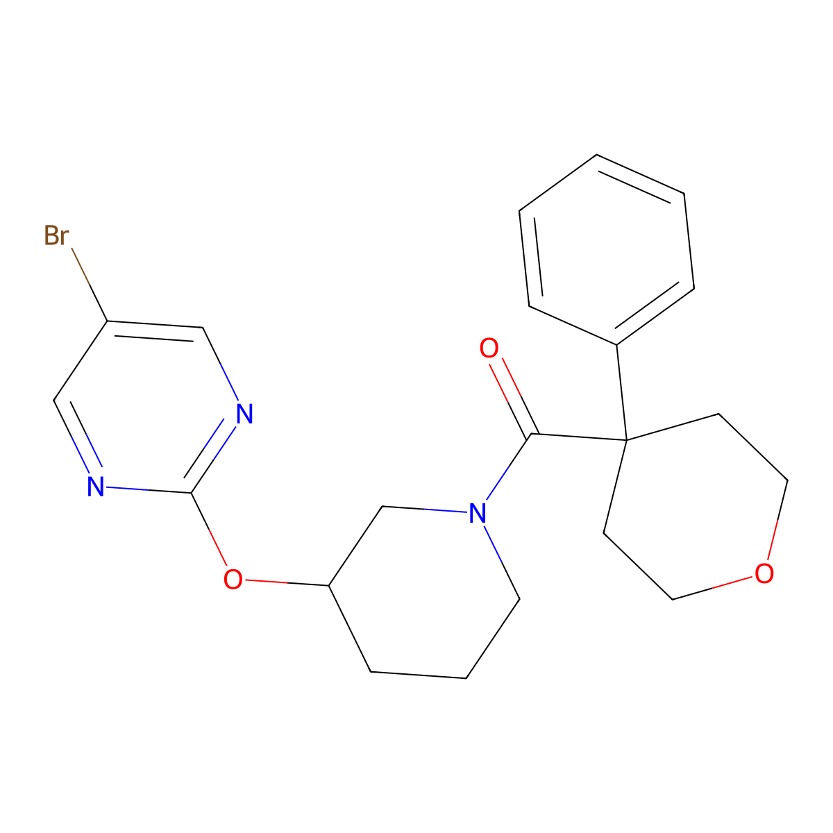 (3-((5-bromopyrimidin-2-yl)oxy)piperidin-1-yl)(4-phenyltetrahydro-2H-pyran-4-yl)methanone molecular structure, CAS 2034579-09-2