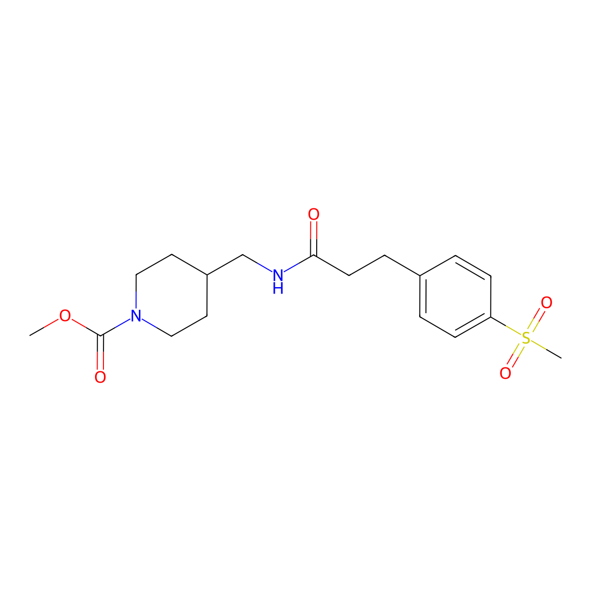 Methyl 4-((3-(4-(methylsulfonyl)phenyl)propanamido)methyl)piperidine-1-carboxylate molecular structure, CAS 2034579-13-8