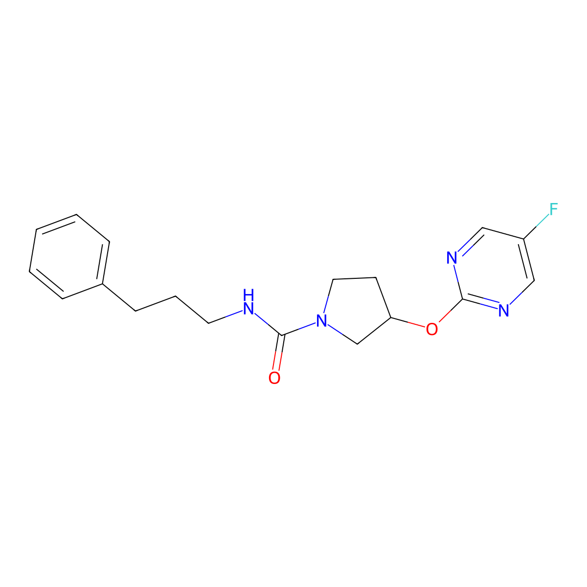 3-((5-fluoropyrimidin-2-yl)oxy)-N-(3-phenylpropyl)pyrrolidine-1-carboxamide molecular structure, CAS 2034579-14-9