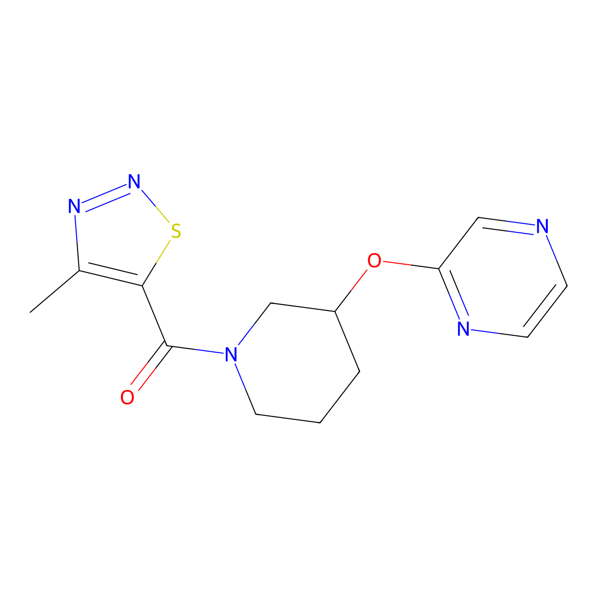 (4-Methyl-1,2,3-thiadiazol-5-yl)(3-(pyrazin-2-yloxy)piperidin-1-yl)methanone molecular structure, CAS 2034579-15-0