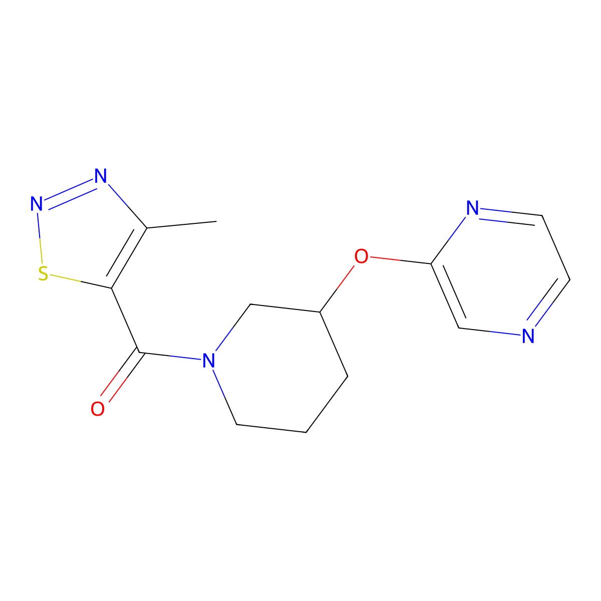 (4-Methyl-1,2,3-thiadiazol-5-yl)(3-(pyrazin-2-yloxy)piperidin-1-yl)methanone molecular structure, CAS 2034579-15-0