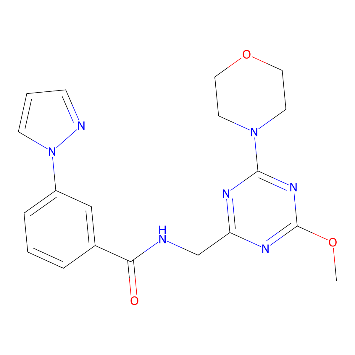 N-((4-methoxy-6-morpholino-1,3,5-triazin-2-yl)methyl)-3-(1H-pyrazol-1-yl)benzamide molecular structure, CAS 2034579-29-6