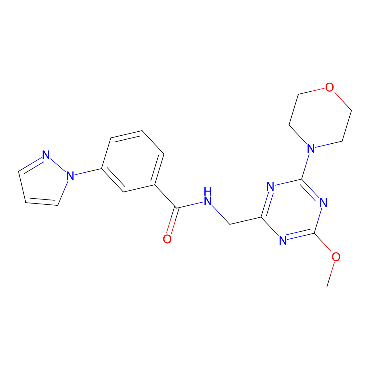 N-((4-methoxy-6-morpholino-1,3,5-triazin-2-yl)methyl)-3-(1H-pyrazol-1-yl)benzamide molecular structure, CAS 2034579-29-6