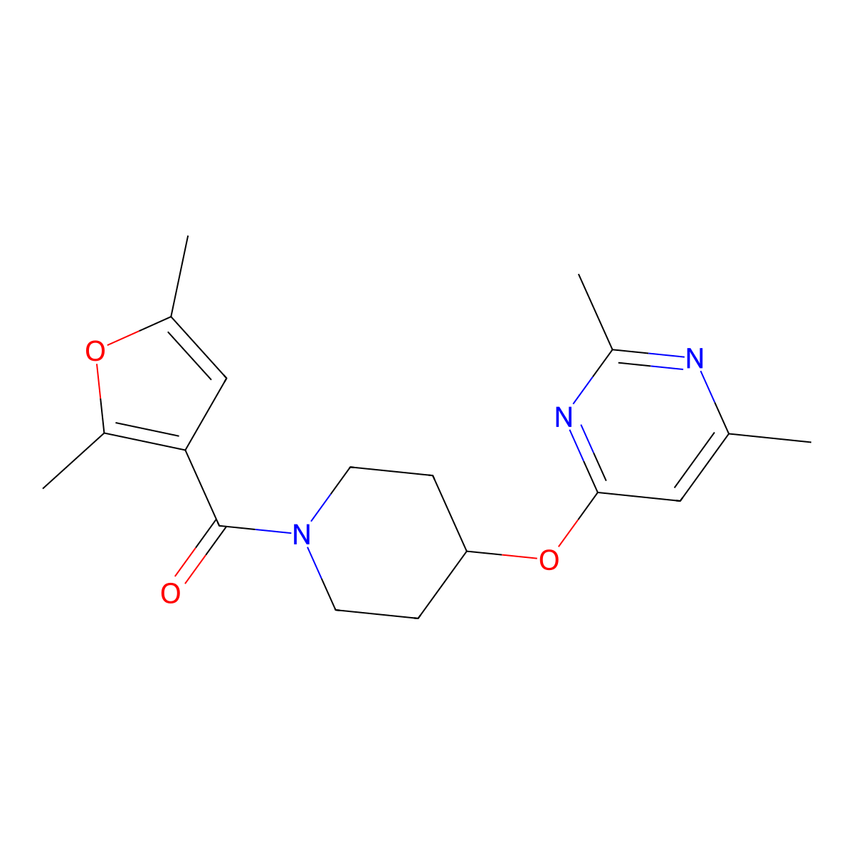 (2,5-Dimethylfuran-3-yl)(4-((2,6-dimethylpyrimidin-4-yl)oxy)piperidin-1-yl)methanone molecular structure, CAS 2034579-36-5