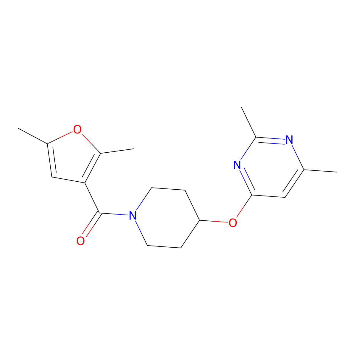 (2,5-Dimethylfuran-3-yl)(4-((2,6-dimethylpyrimidin-4-yl)oxy)piperidin-1-yl)methanone molecular structure, CAS 2034579-36-5