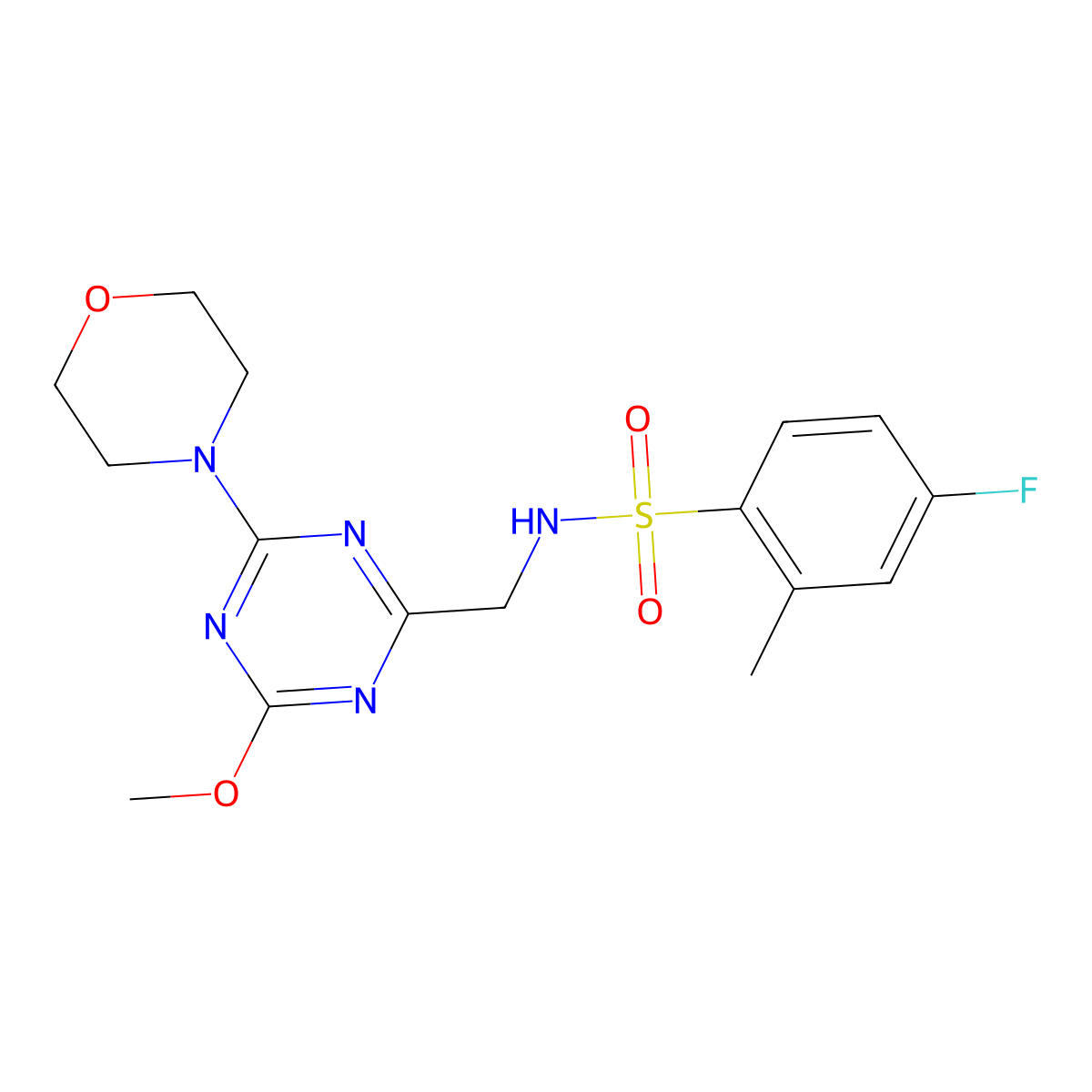 4-fluoro-N-((4-methoxy-6-morpholino-1,3,5-triazin-2-yl)methyl)-2-methylbenzenesulfonamide molecular structure, CAS 2034579-42-3