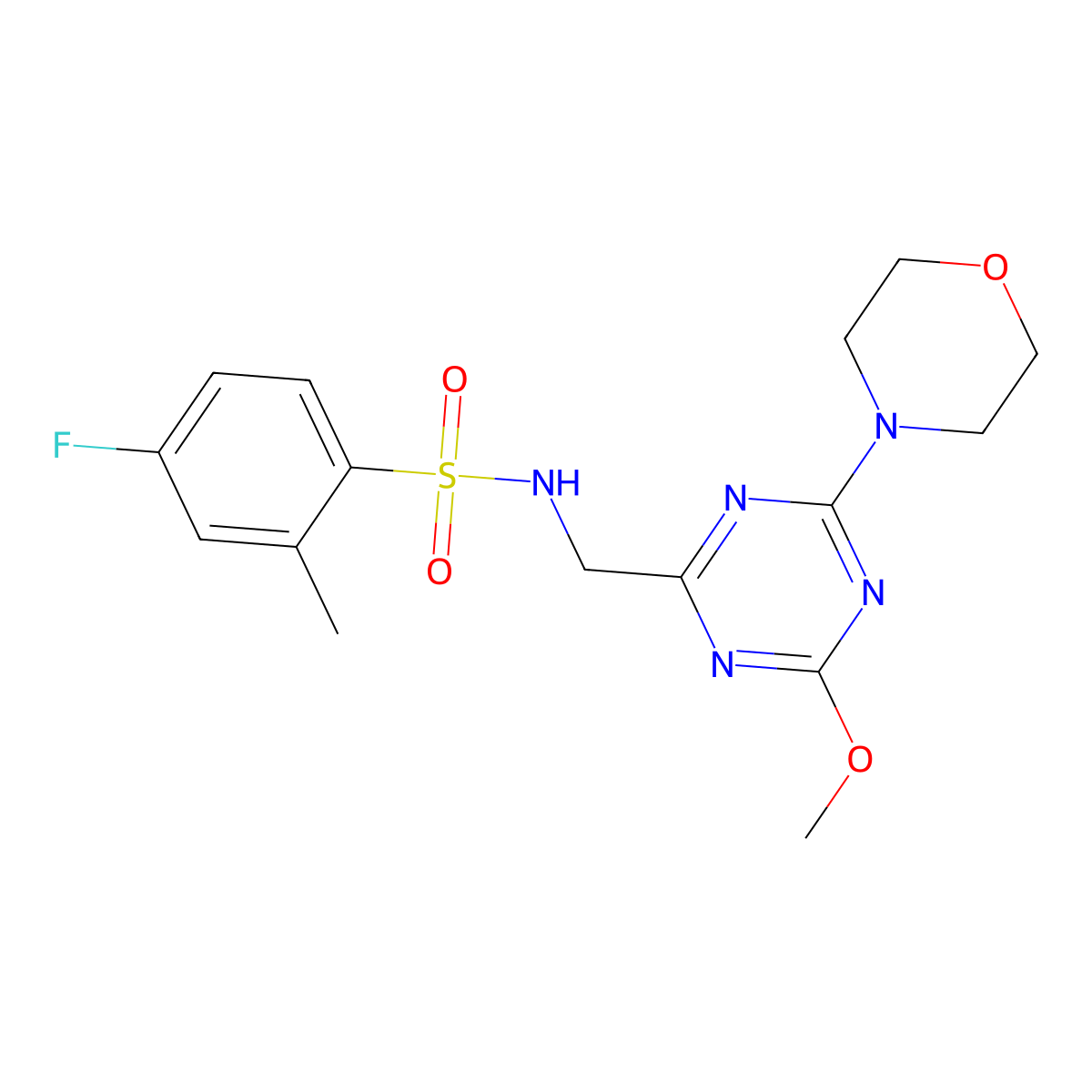 4-fluoro-N-((4-methoxy-6-morpholino-1,3,5-triazin-2-yl)methyl)-2-methylbenzenesulfonamide molecular structure, CAS 2034579-42-3