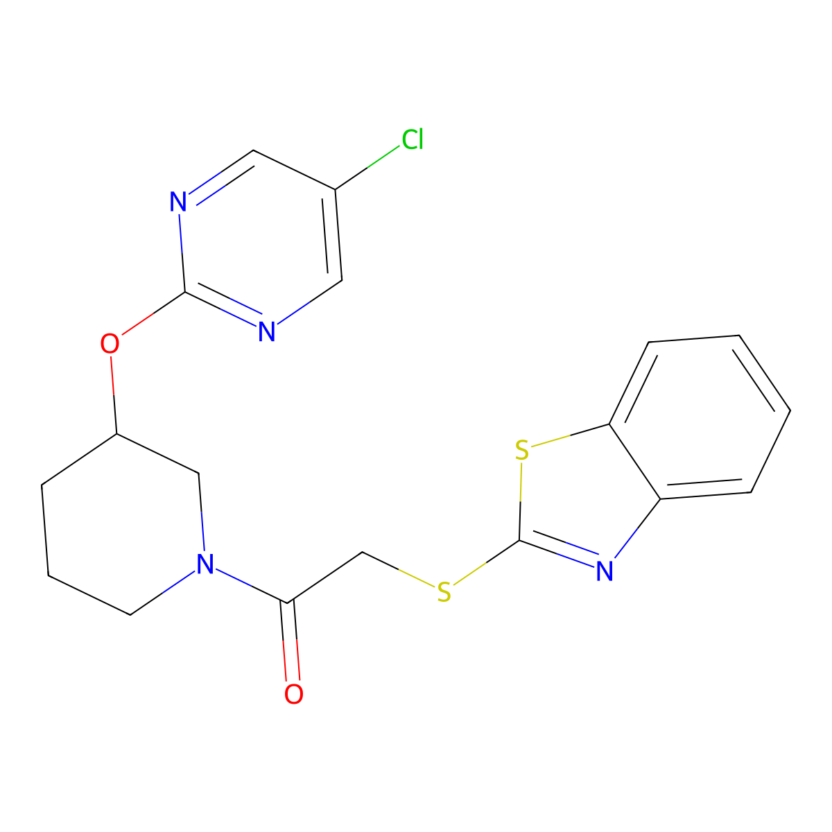 2-(1,3-Benzothiazol-2-ylsulfanyl)-1-{3-[(5-chloropyrimidin-2-yl)oxy]piperidin-1-yl}ethan-1-one molecular structure, CAS 2034579-47-8