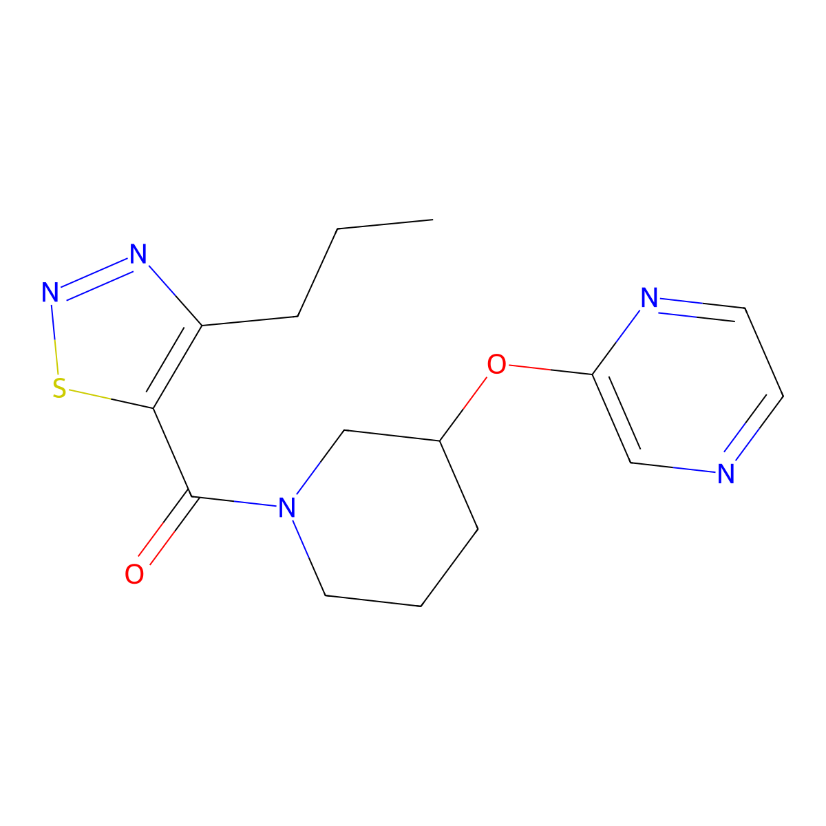 (4-Propyl-1,2,3-thiadiazol-5-yl)(3-(pyrazin-2-yloxy)piperidin-1-yl)methanone molecular structure, CAS 2034579-52-5