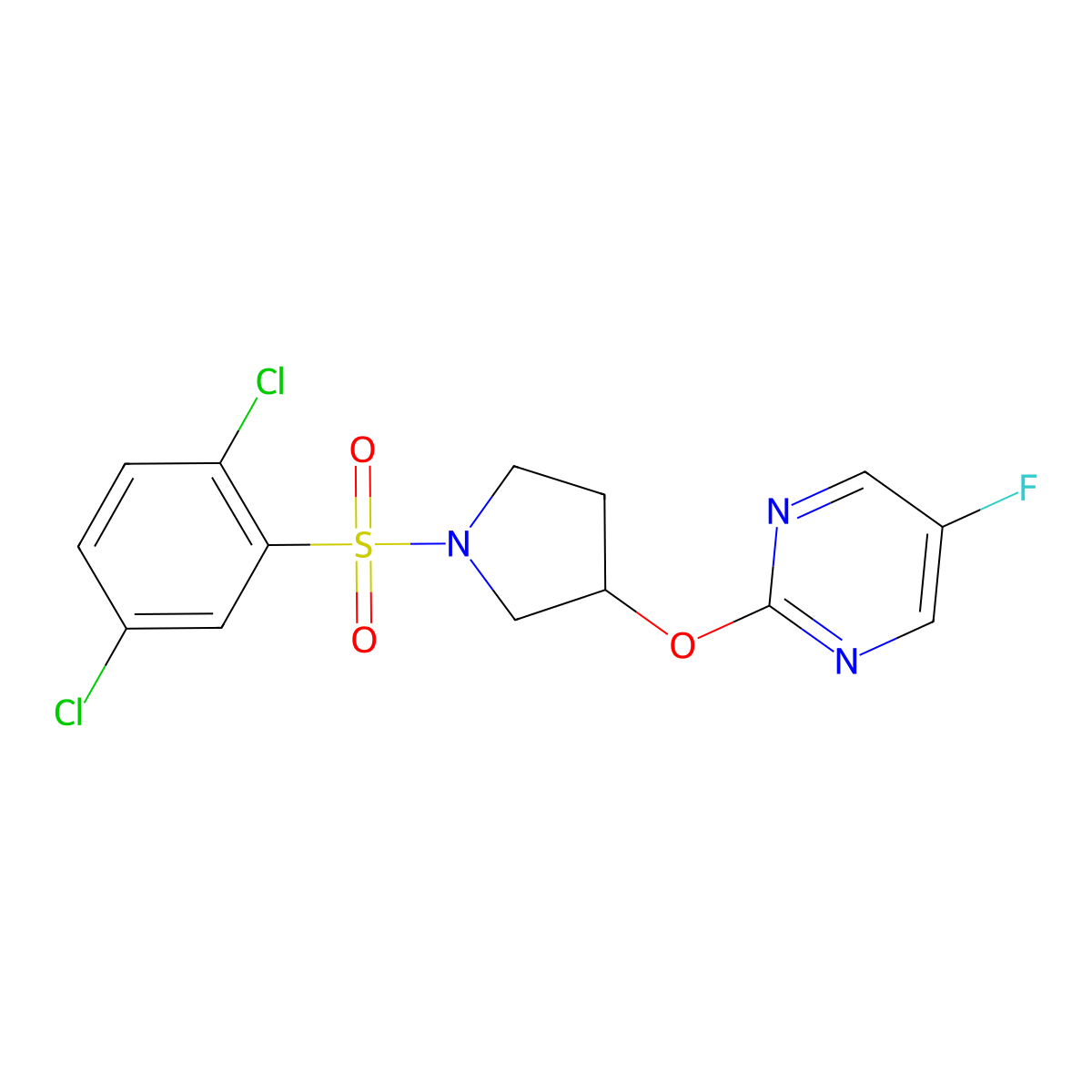 2-((1-((2,5-Dichlorophenyl)sulfonyl)pyrrolidin-3-yl)oxy)-5-fluoropyrimidine molecular structure, CAS 2034579-53-6