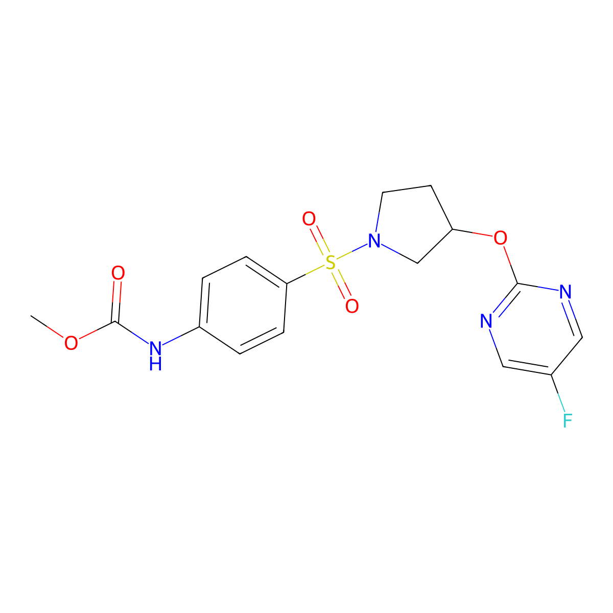 Methyl (4-((3-((5-fluoropyrimidin-2-yl)oxy)pyrrolidin-1-yl)sulfonyl)phenyl)carbamate molecular structure, CAS 2034579-63-8