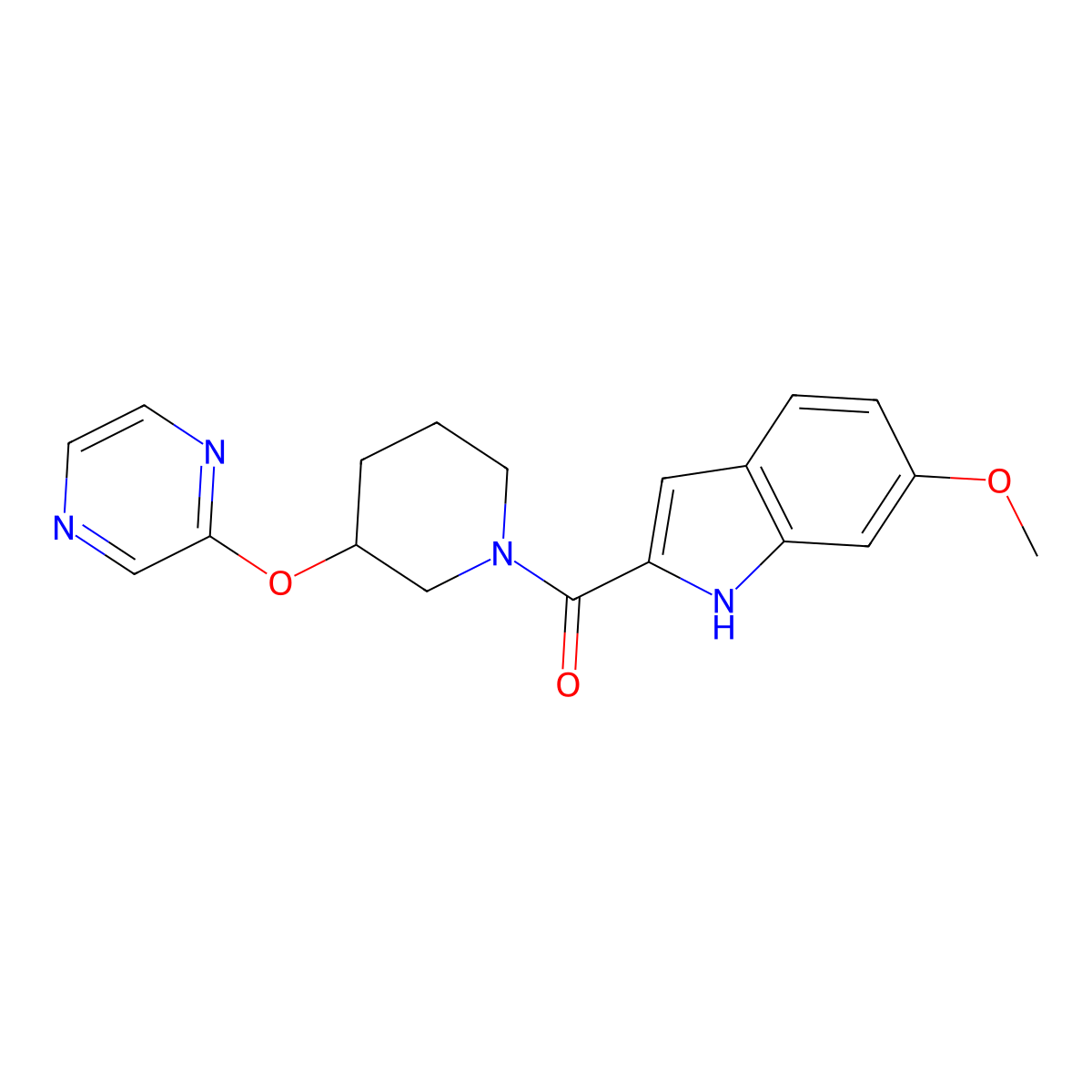 (6-methoxy-1H-indol-2-yl)(3-(pyrazin-2-yloxy)piperidin-1-yl)methanone molecular structure, CAS 2034579-67-2