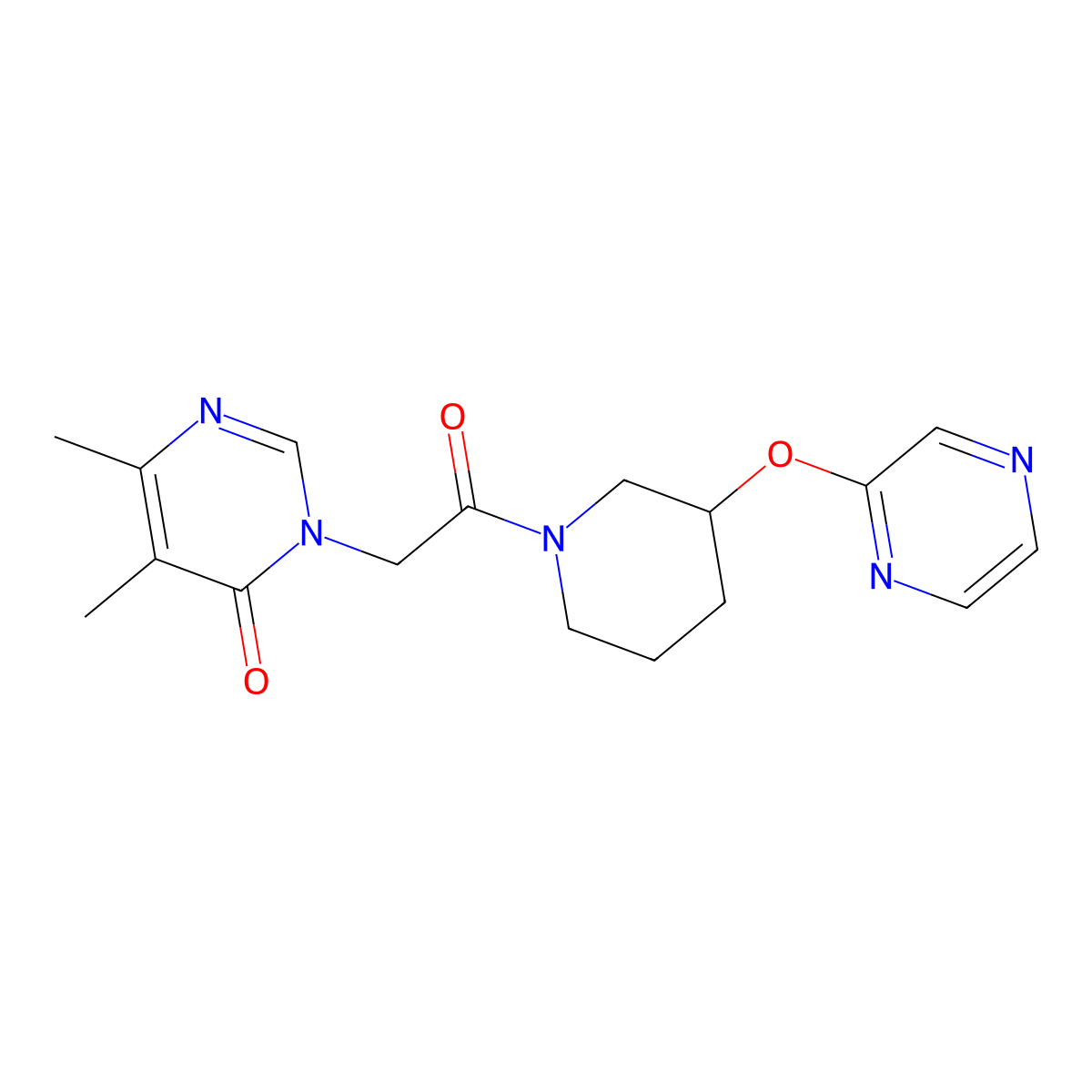 5,6-dimethyl-3-(2-oxo-2-(3-(pyrazin-2-yloxy)piperidin-1-yl)ethyl)pyrimidin-4(3H)-one molecular structure, CAS 2034579-73-0