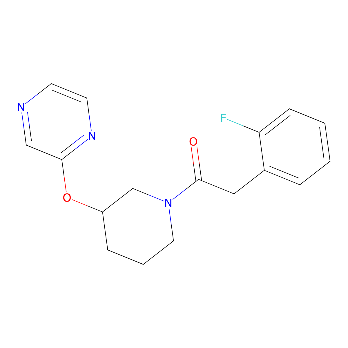 2-(2-Fluorophenyl)-1-(3-(pyrazin-2-yloxy)piperidin-1-yl)ethanone molecular structure, CAS 2034579-79-6