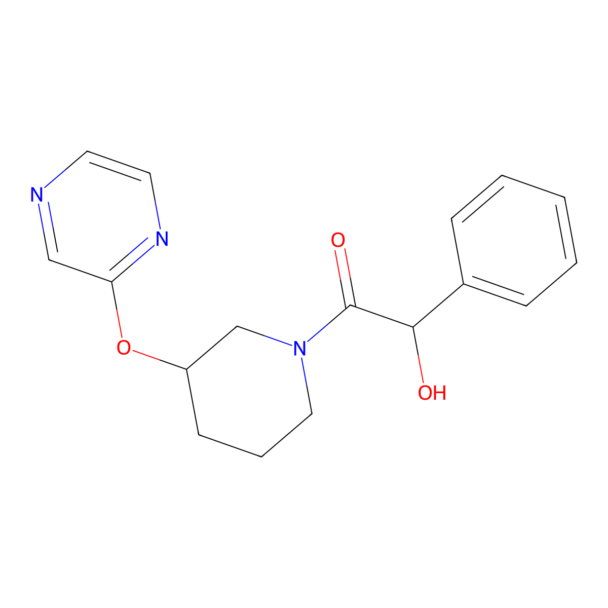 2-Hydroxy-2-phenyl-1-(3-(pyrazin-2-yloxy)piperidin-1-yl)ethanone molecular structure, CAS 2034579-90-1