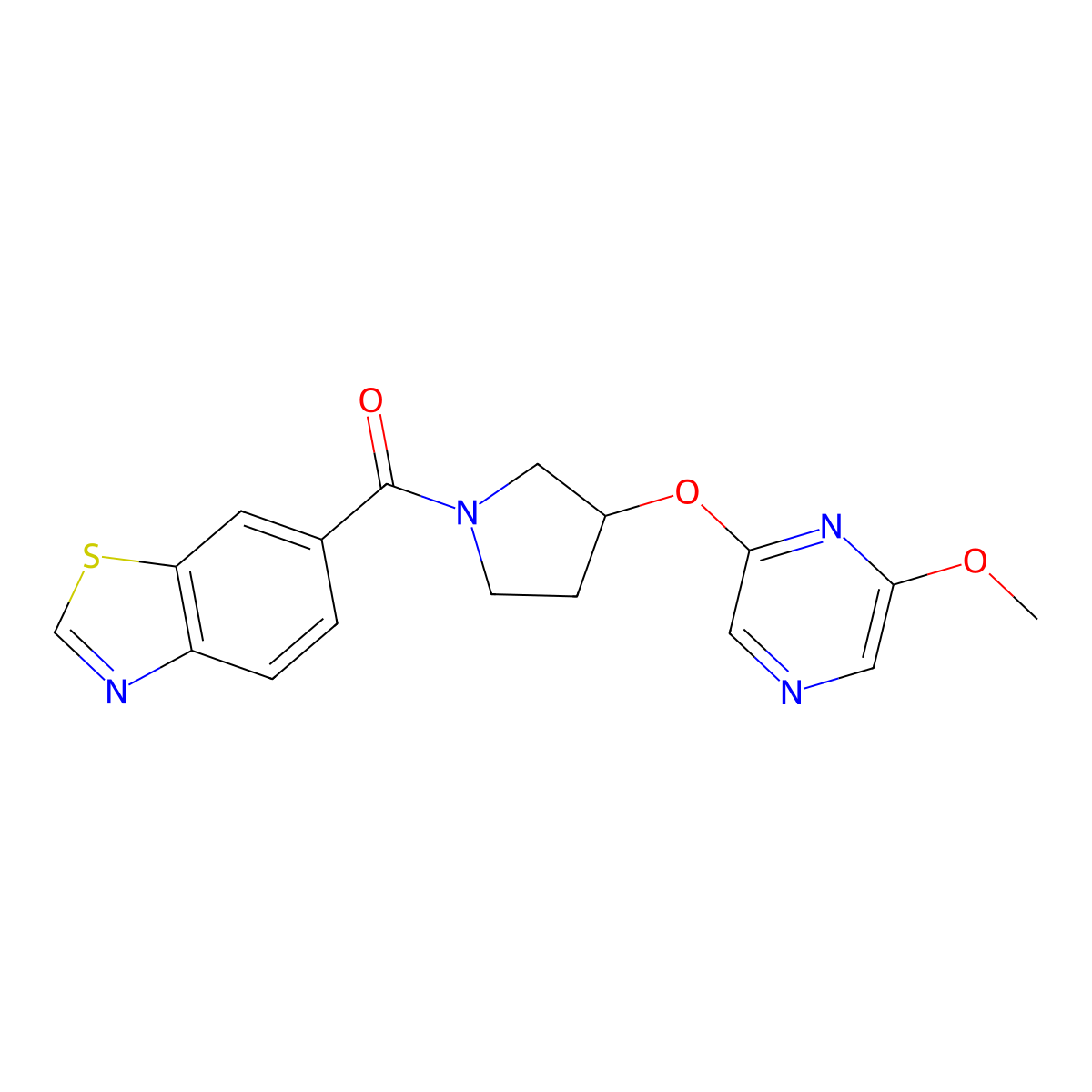 Benzo[d]thiazol-6-yl(3-((6-methoxypyrazin-2-yl)oxy)pyrrolidin-1-yl)methanone molecular structure, CAS 2034579-95-6